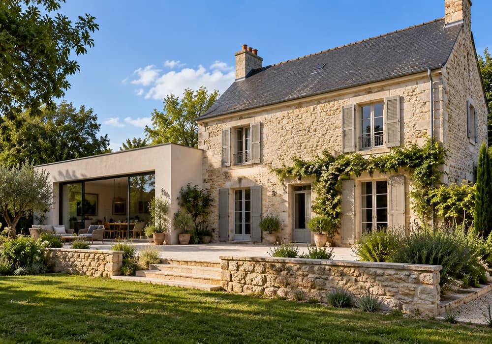 Extension contemporaine avec baies vitrées sur une maison en pierre