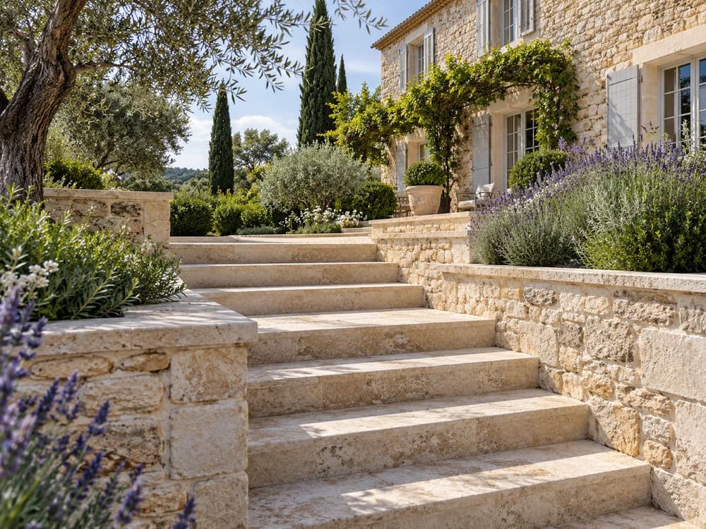 Terrasse, murets et escalier en pierre dans un jardin
