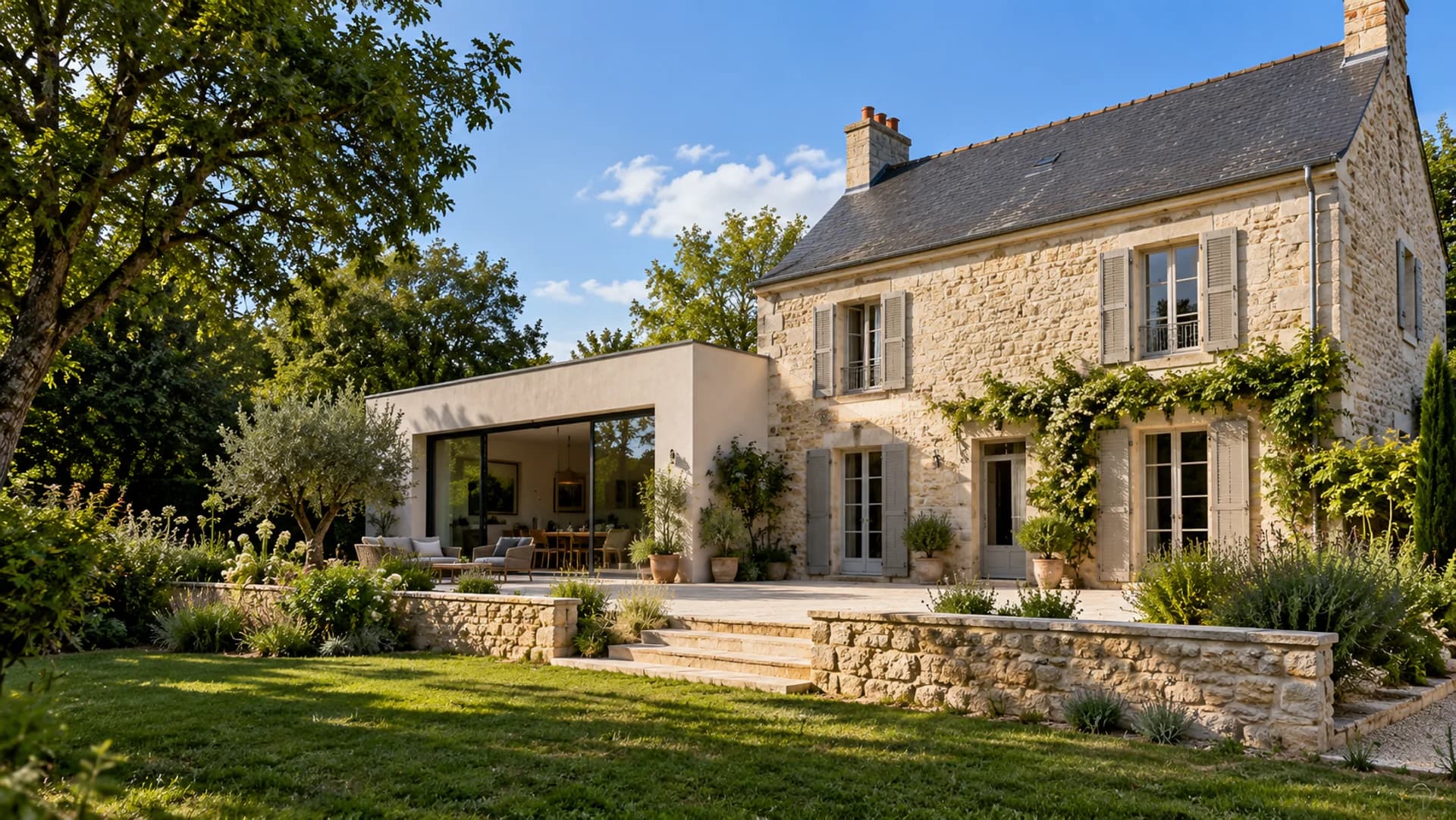 Maison en pierre et extension contemporaine ouverte sur le jardin — illustration de démonstration